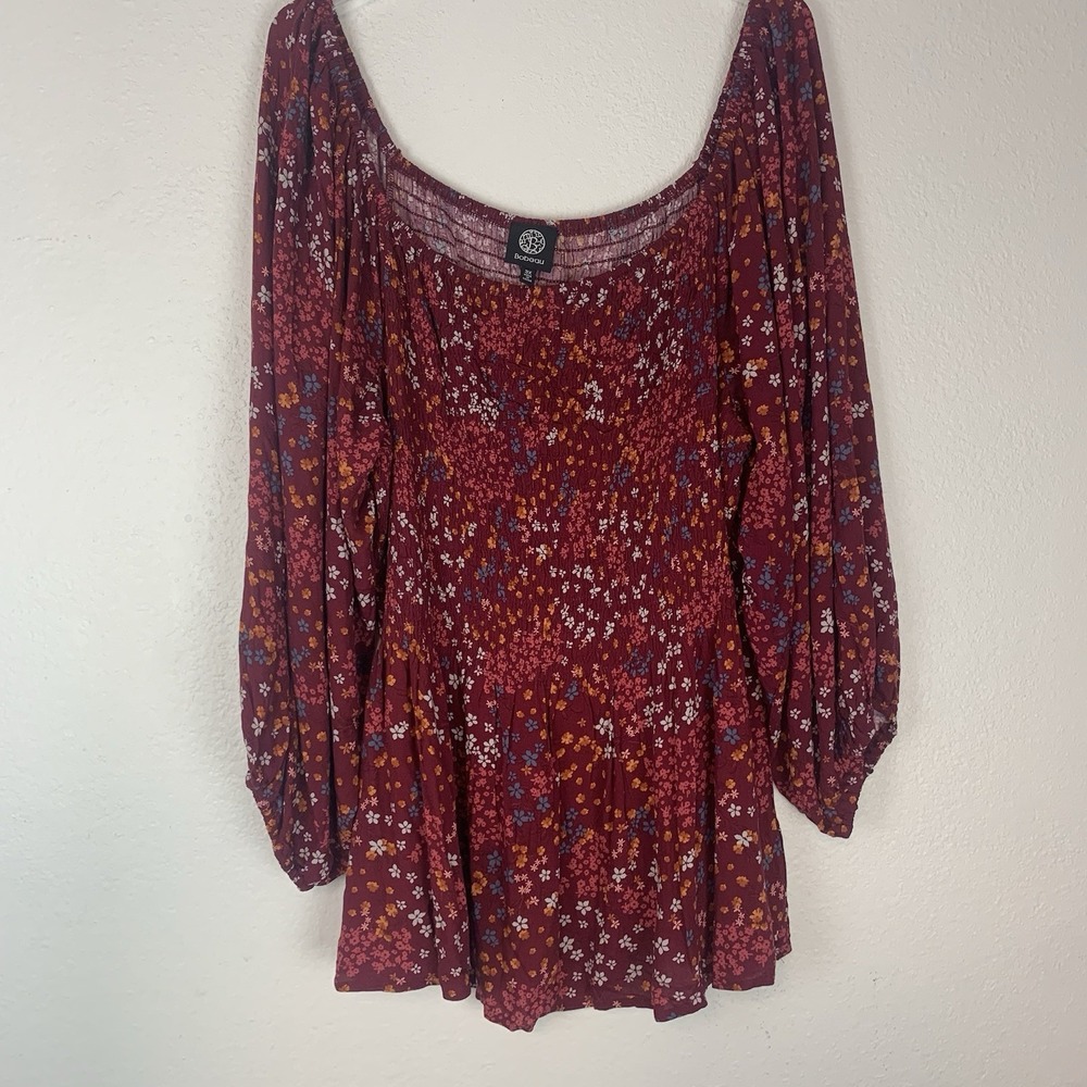 Bobeau Burgundy Floral Peasant Blouse
